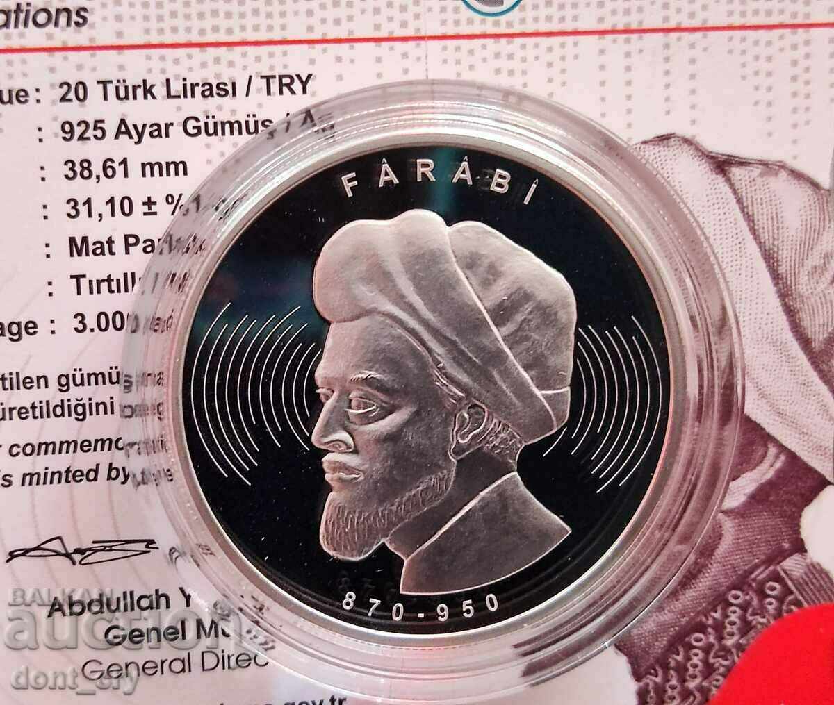 Silver 20 Lira Farabi-Philosopher 2022 Turkey
