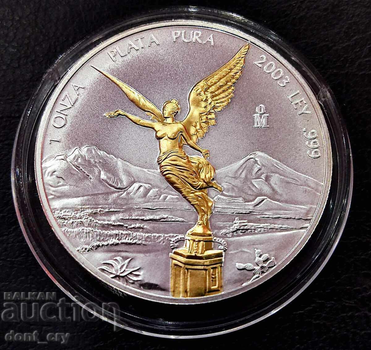 Argint 1 oz Mexican Libertad 2003 Versiune placată cu aur