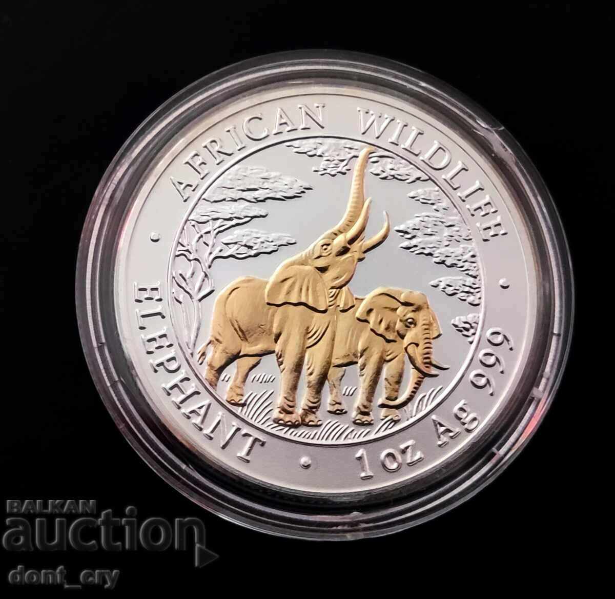 Argint 1 oz Zimbabwe Elephant 2003 Versiune placată cu aur