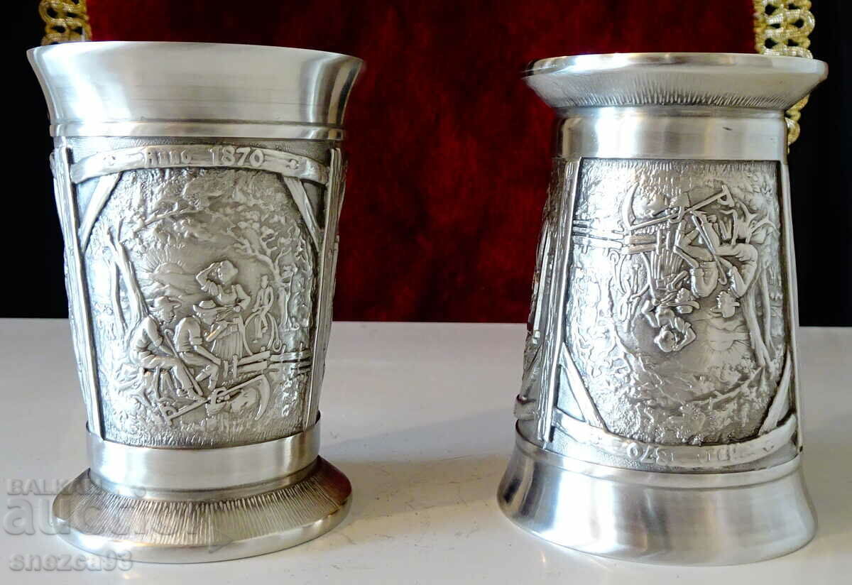 Two pewter wine goblets, three romantic paintings - 7