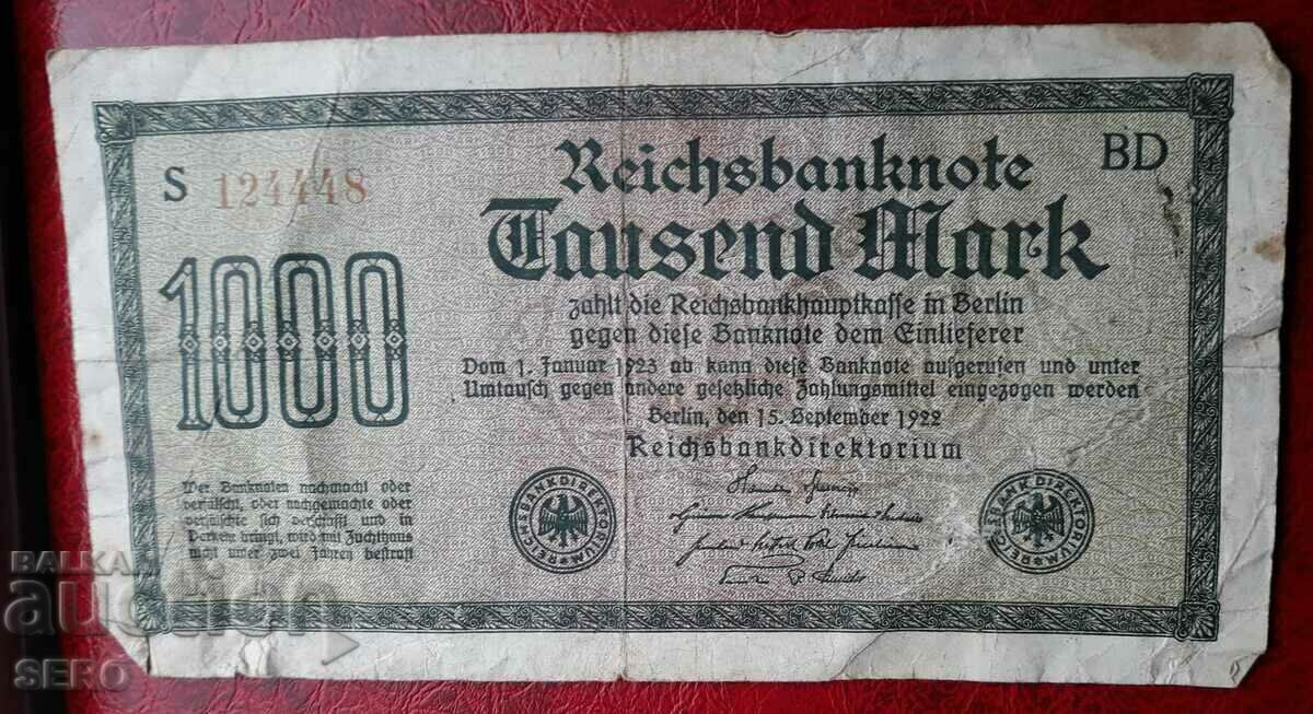 Банкнота-Германия-1000 марки 1922-червен номер