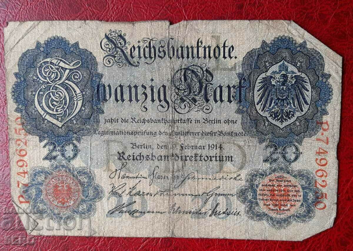 Банкнота-Германия-20 марки 1914