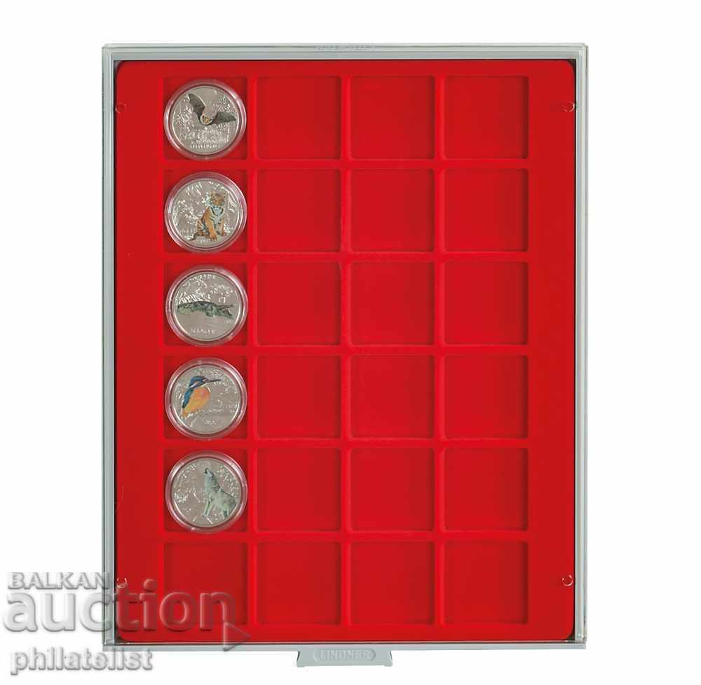 Lindner MB κουτί σε κόκκινο PVC για 24 νομίσματα σε κάψουλες