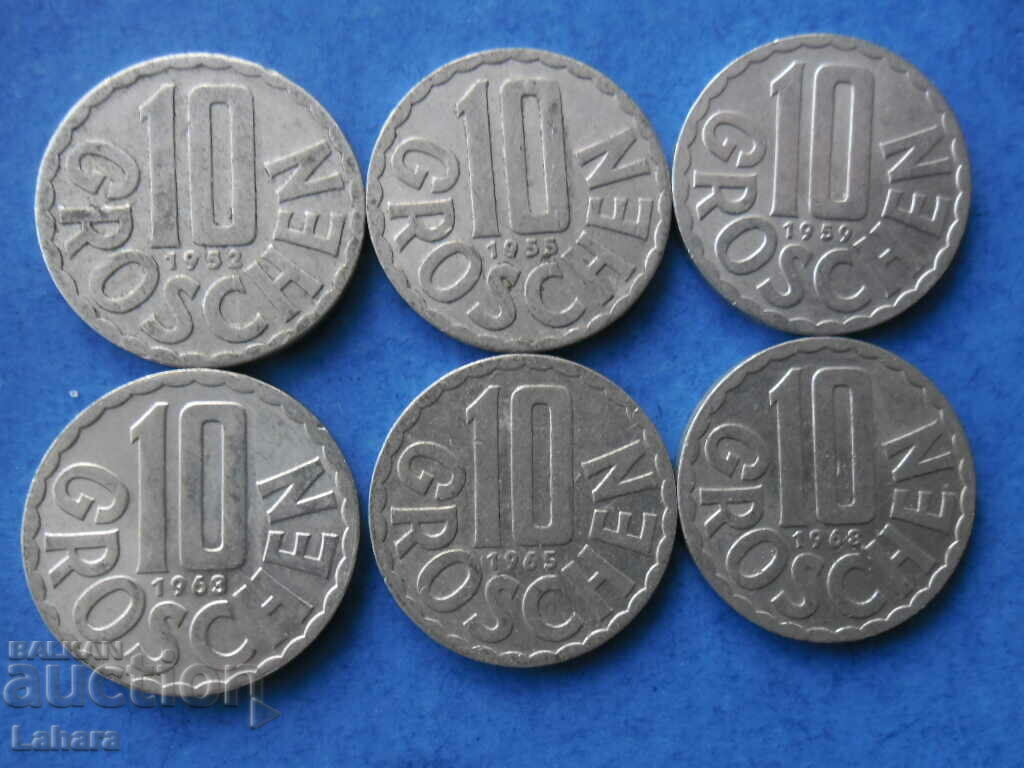 Lot of 10 groshis 1952 to 1968. Austria