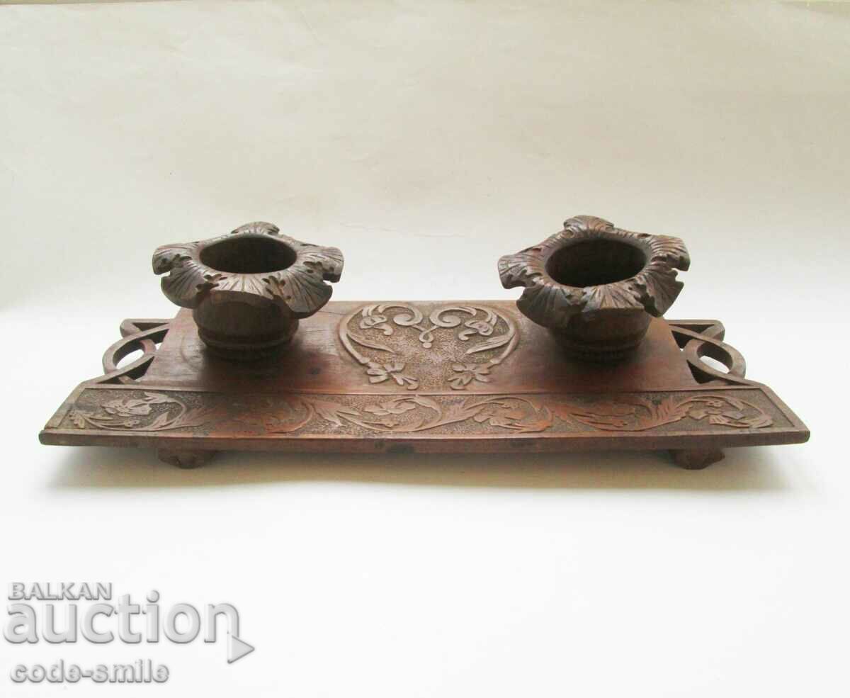 Unique Old Revival Wooden Inkwell Carving - 7