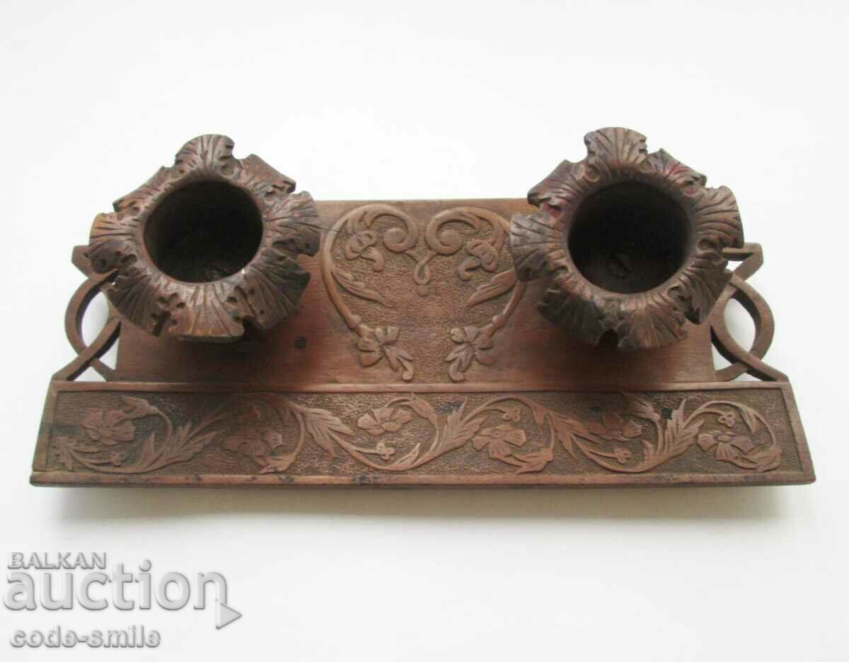 Unique Old Revival Wooden Inkwell Carving