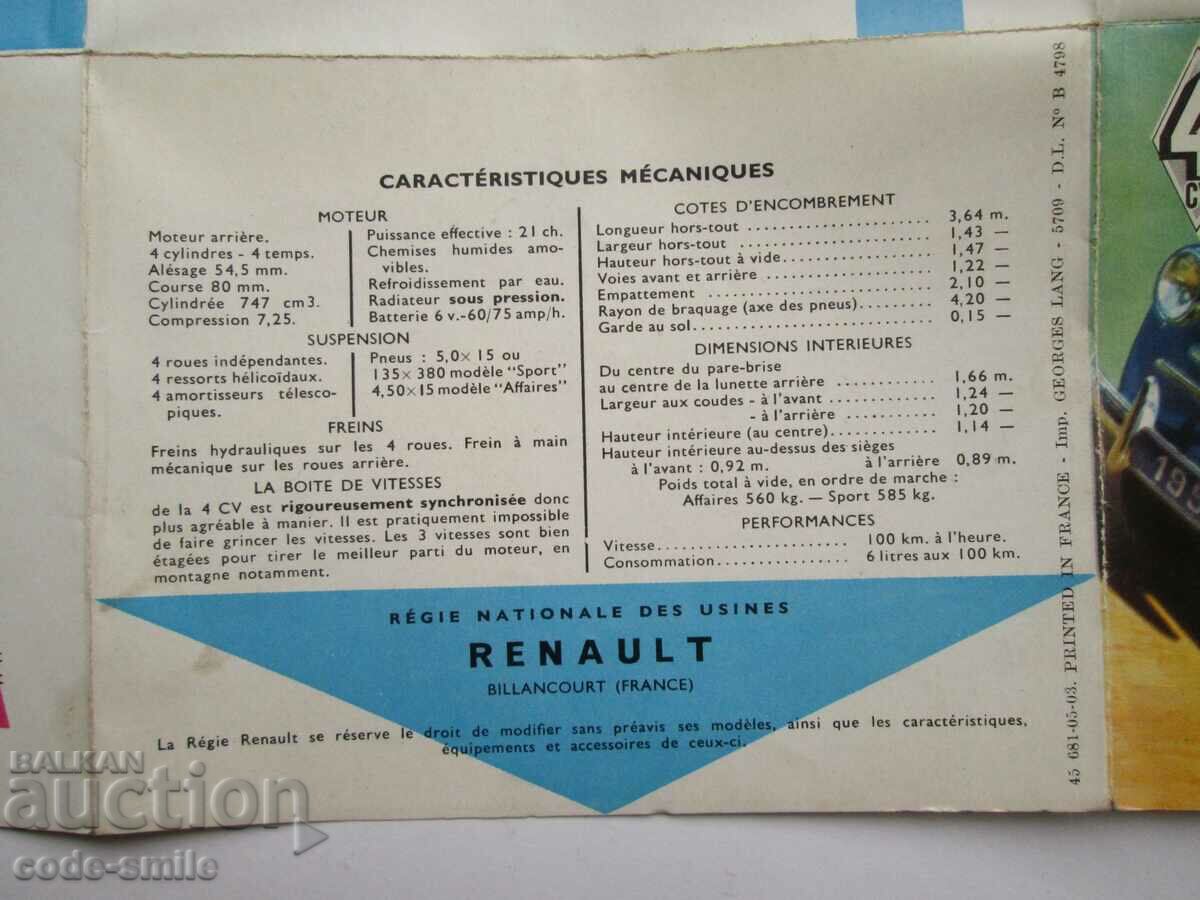 Delivery of Old advertising brochure Renault car Renault 4 CV