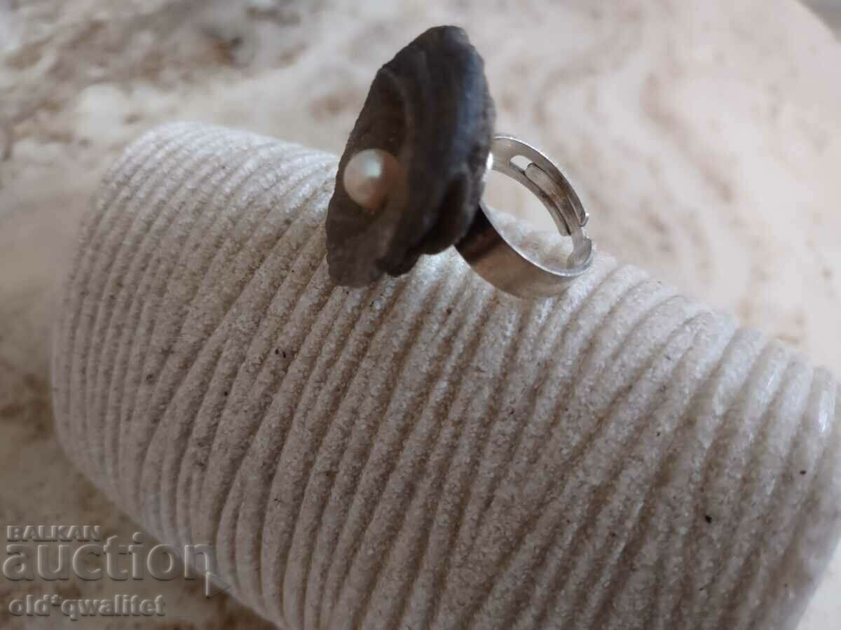 Silver ring, stone - Chalcedony, with Pearl, silver 835 - 5