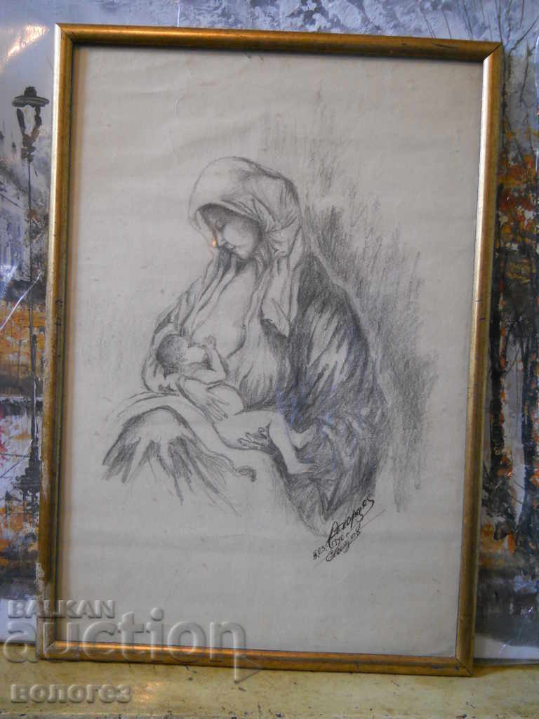 картина "Дева Мария с младенеца" - графика (подписана)