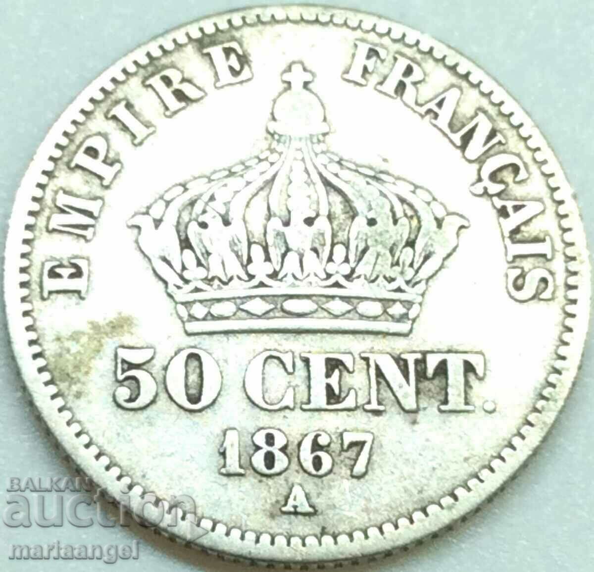 Франция 1867 50 цента сантима Наполеон III А-Париж