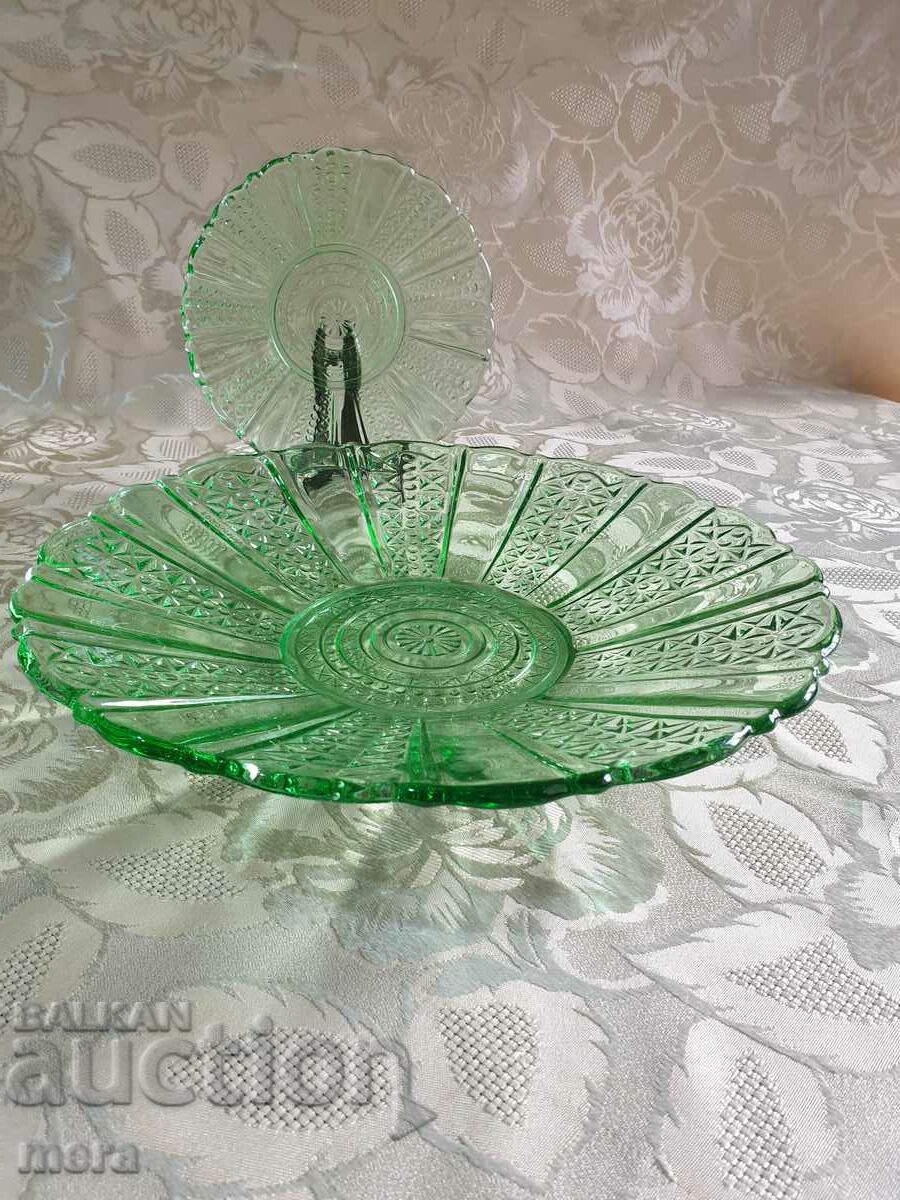 Auction  Large plate and saucer of colored glass