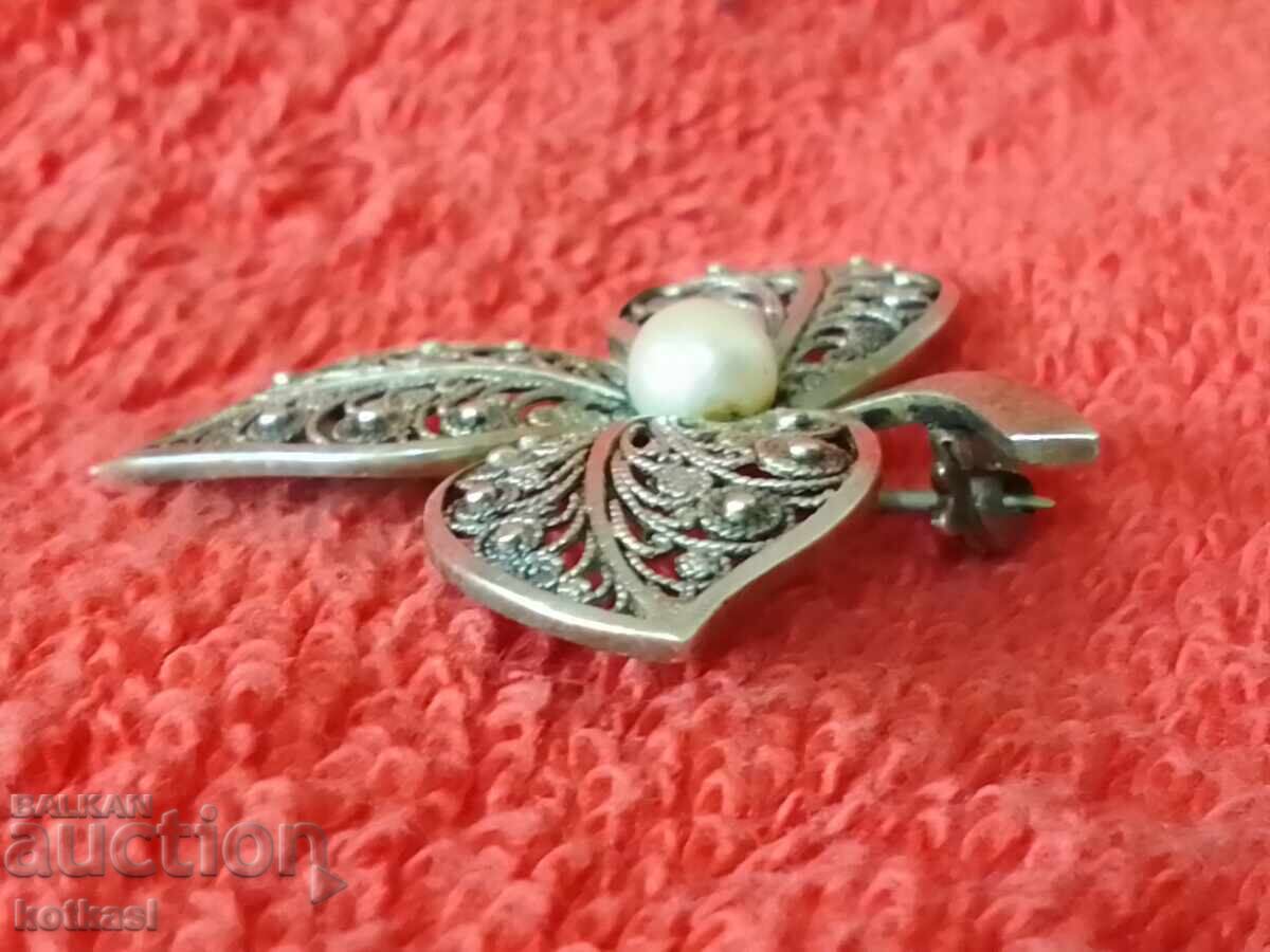 Стара сребърна 835 Брошка филигран с перла - 5 Стара сребърна 835 Брошка филигран с перла - 5