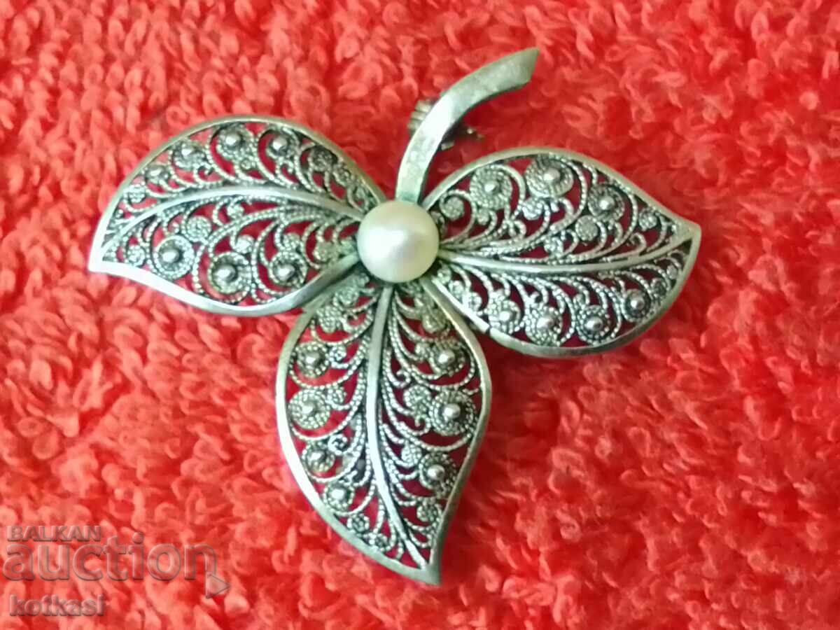 Стара сребърна 835 Брошка филигран с перла - 6 Стара сребърна 835 Брошка филигран с перла - 6