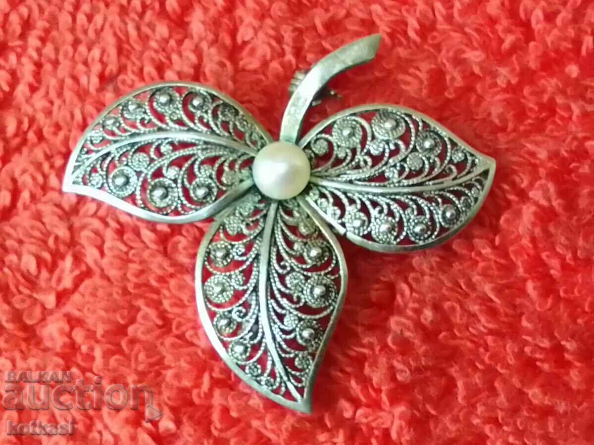 Brosa din argint vechi 835 cu filigran cu perla - 6