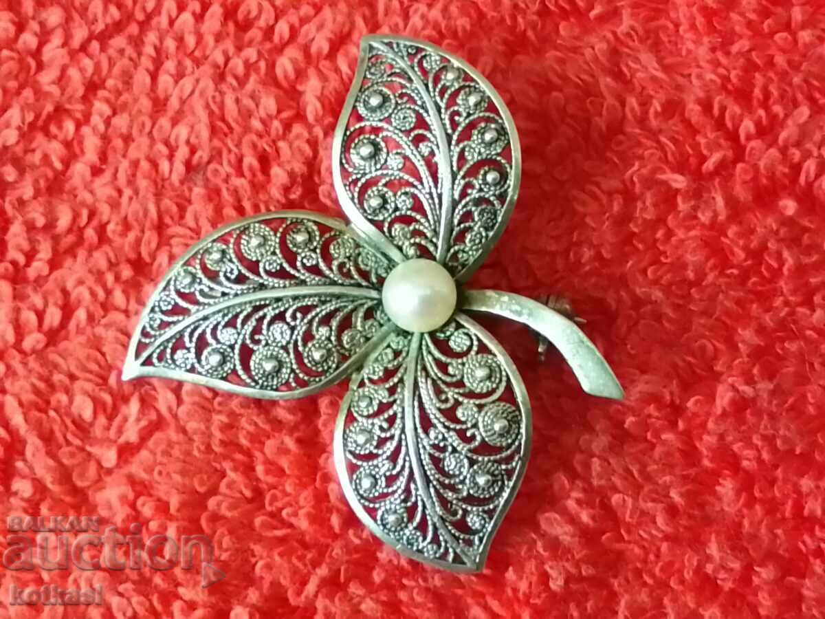 Brosa din argint vechi 835 cu filigran cu perla - 7