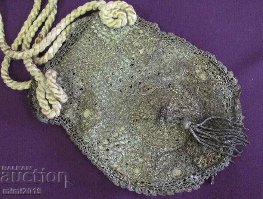 Γυναικεία τσάντα 19ου αιώνα ασημί πούλιες και μετάξι - 6
