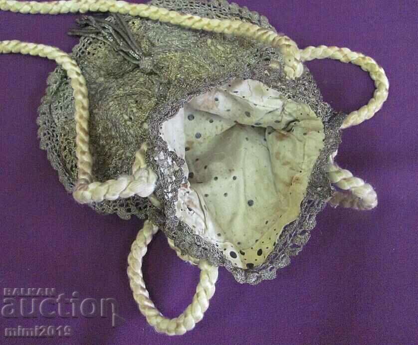 Γυναικεία τσάντα 19ου αιώνα ασημί πούλιες και μετάξι - 7