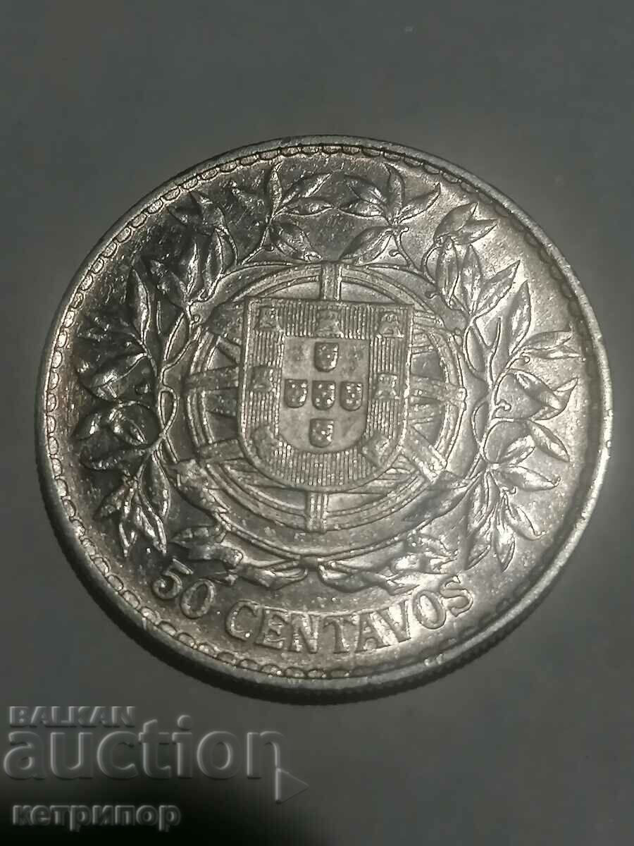 50 сентавос Португалия 1913 г. Сребърна