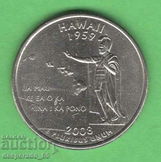 (¯`'•.¸ 25 cents 2008 D USA (Hawaii) ¸.•'´¯)