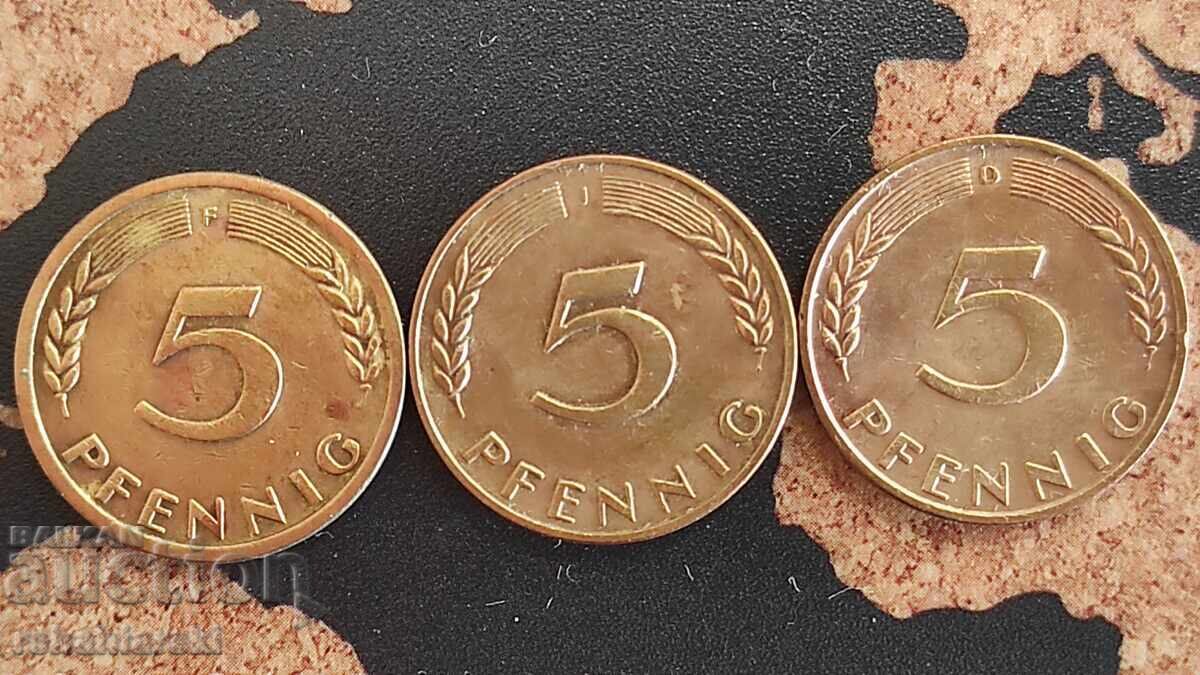 Германия 5 пфениг - 3 бр. 1950  МД D,F,J