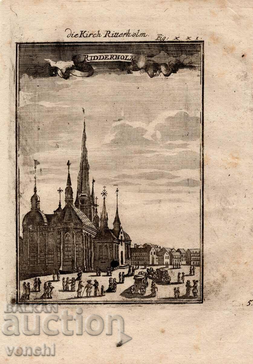 1719 - ГРАВЮРА - църквата Ридархолмен в Стокхолм - ОРИГИНАЛ