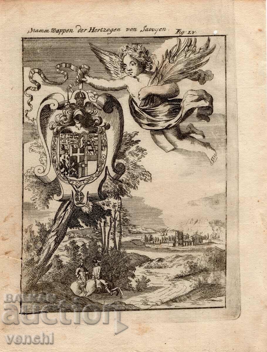 1719 - GRAVURĂ - STEMA DINASTIEI DE SAVOIA - ORIGINAL