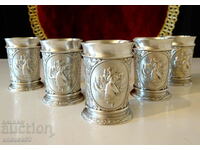 Șase pahare de cositor pentru rachiu, vânători, poker, cârciumă