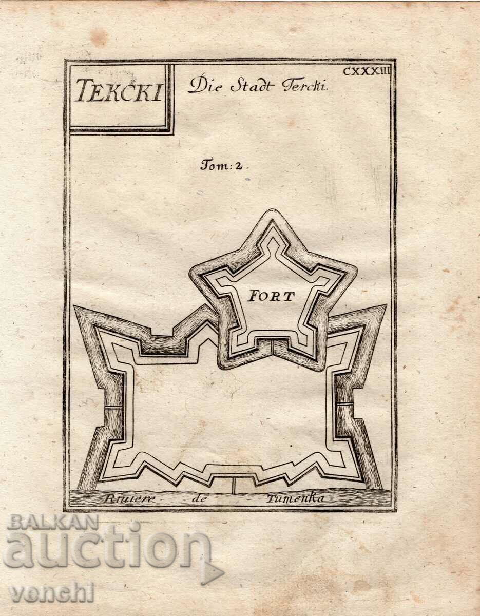 1719 - GRAVURĂ - RUSIA, CAUCAZ, FORTUL TERKI - ORIGINAL 1719 - GRAVURĂ - RUSIA, CAUCAZ, FORTUL TERKI - ORIGINAL