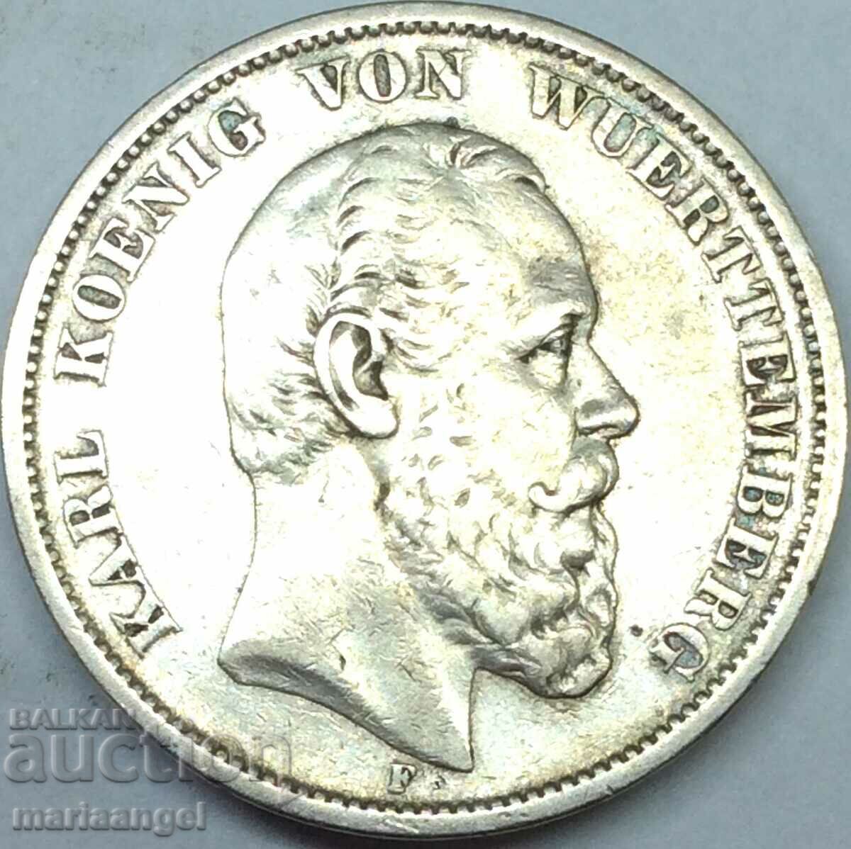 5 Marks 1875 Württemberg Germany King Charles Silver
