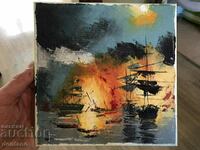 Pictură în ulei- Bătălie navală- Nave pe mare- Peisaj marin
