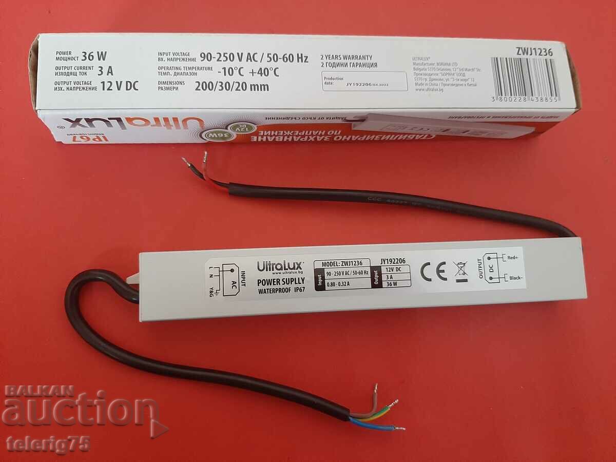 Sursă de alimentare rezistentă la umiditate UltraLux Slim pentru benzi LED 36W, 3A, cu preț 24.00 BGN | € 12.27