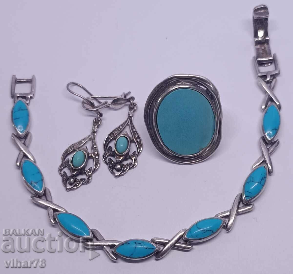 Auction silver bracelet, ring and earrings with turquoise Auction silver bracelet, ring and earrings with turquoise