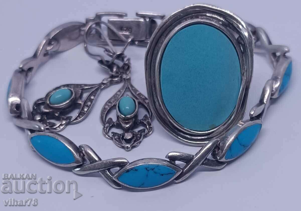silver bracelet, ring and earrings with turquoise