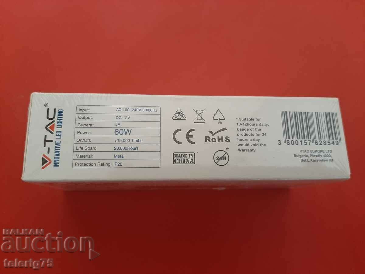 Power supply V-TAC Slim for LED strips 60W, 5A, 12V with price 17.00 BGN | € 8.69
