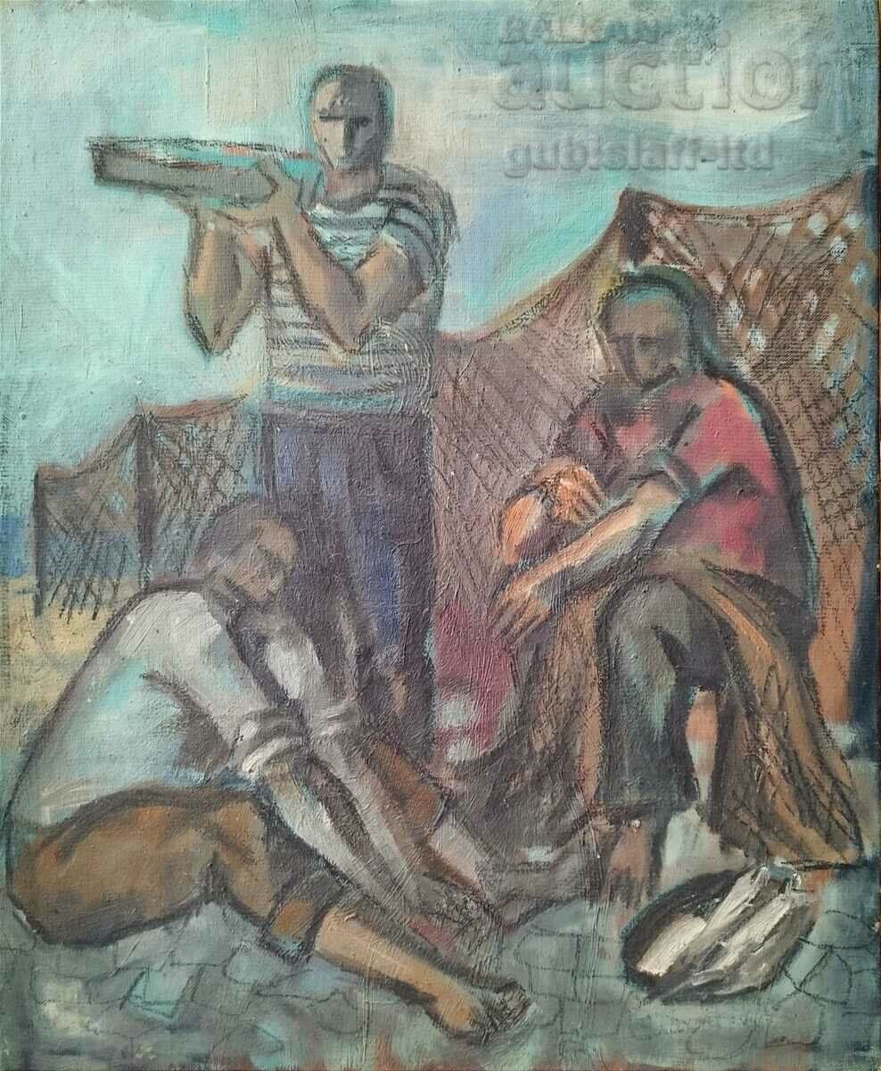 Pictură, pescari, anii 1970.