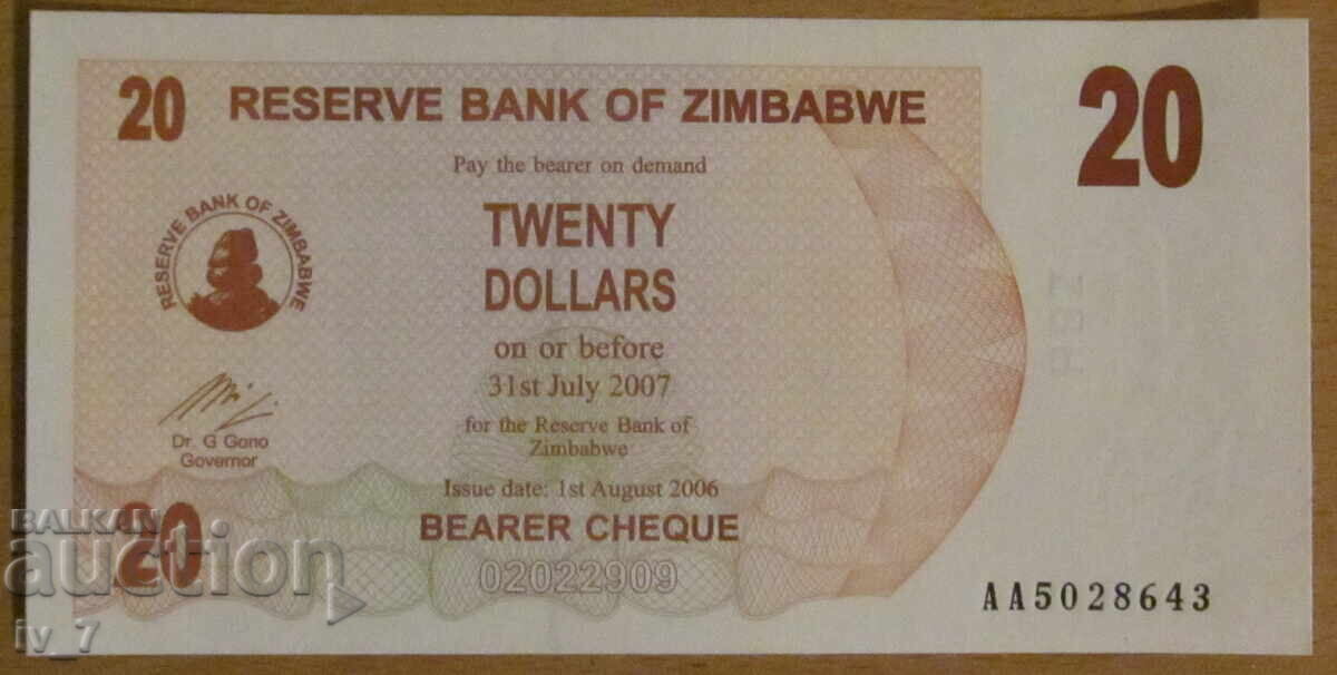 20 DOLLARS 2006, Zimbabwe - UNC 20 DOLLARS 2006, Zimbabwe - UNC