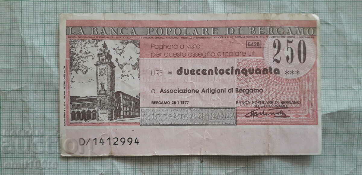250 lira Traveller's Bank Check Italy 1977