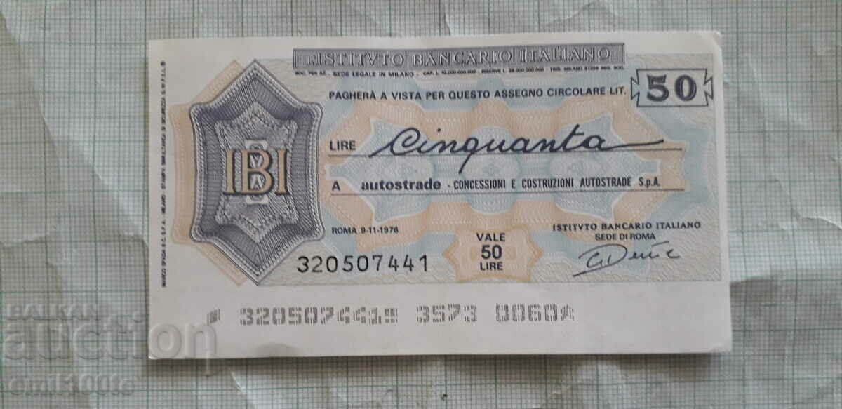 50 λίρες Ταξιδιωτική τραπεζική επιταγή Ιταλία 1977