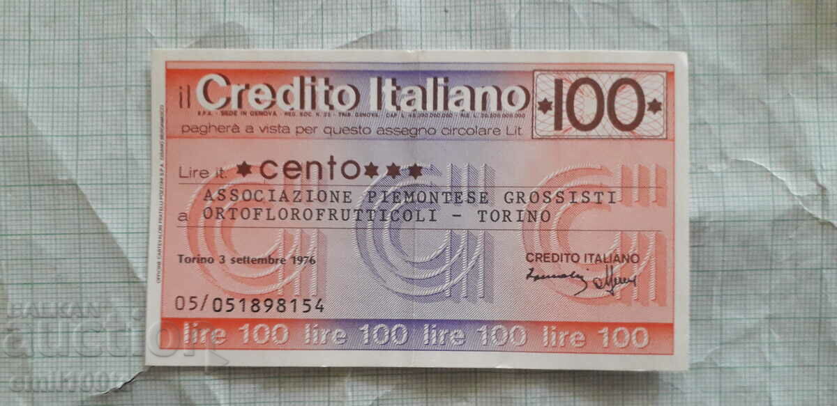 100 лири Пътнически банков чек Италия 1976