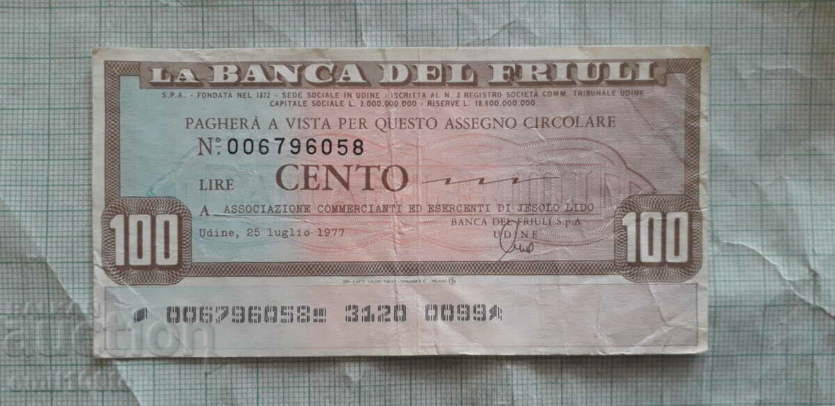 100 лири Пътнически банков чек Италия 1977