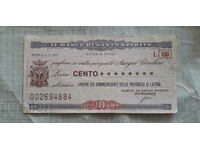 100 лири Пътнически банков чек Италия 1977