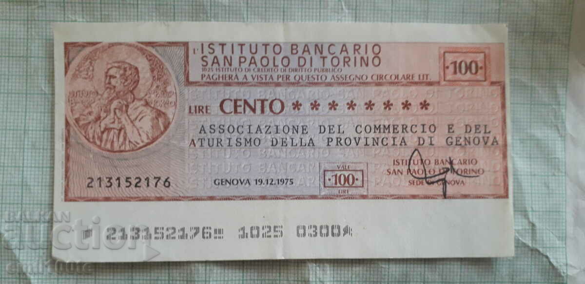 100 Lira Traveller's Bank Check Italy 1975
