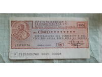 100 Lira Traveller's Bank Check Italy 1975