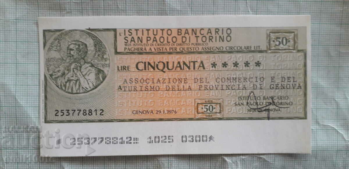 Cec bancar de călătorie de 50 de lire Italia 1976