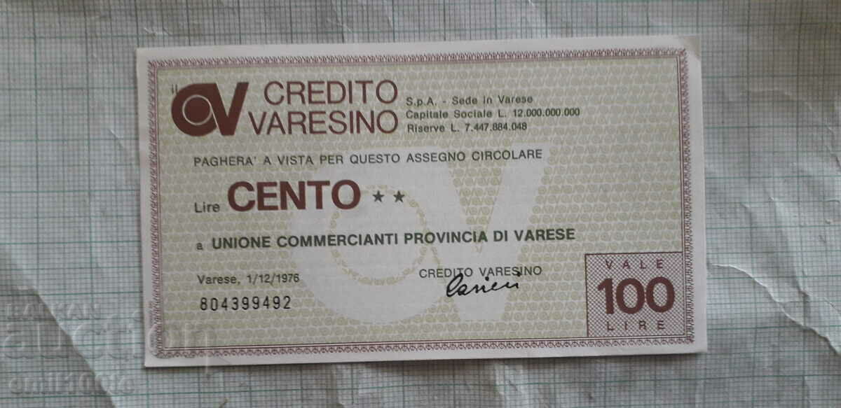 100 Lira Traveller's Bank Check Italy 1976