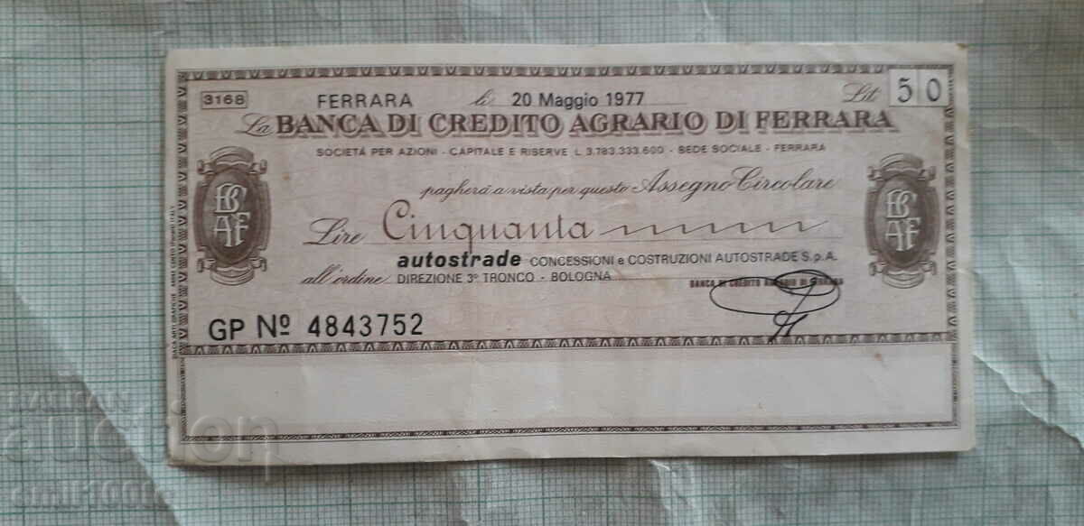 50 лири Пътнически банков чек Италия 1977