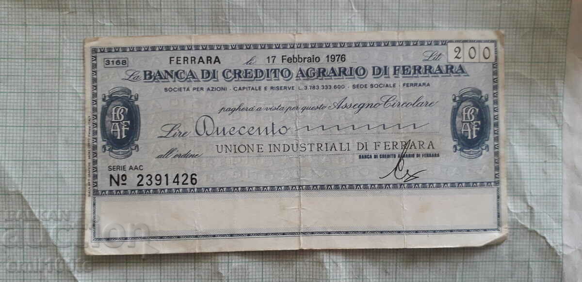 200 лири Пътнически банков чек Италия 1976