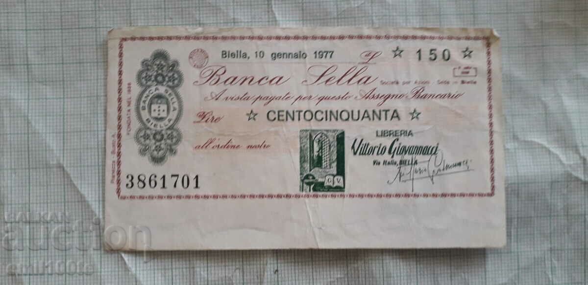 150 lira Traveller's Bank Check Italy 1977