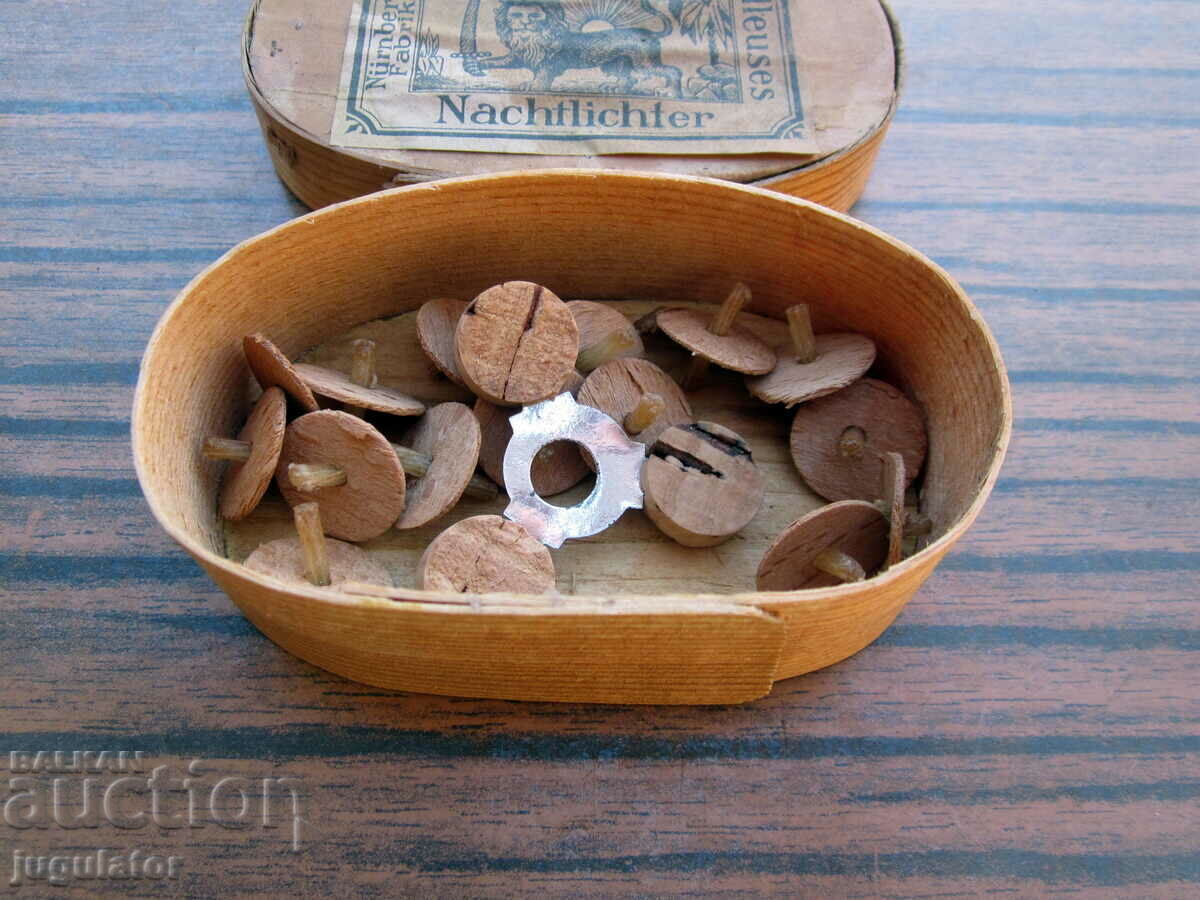vintage German wooden box with wax wicks and stand - 6