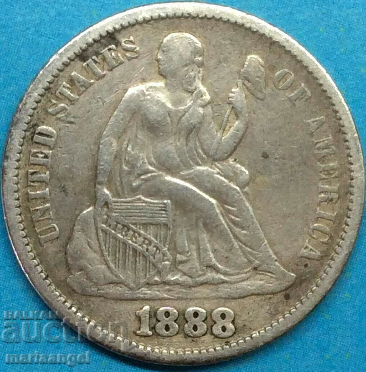 САЩ 1888 1 дайм 10 цента Seated Liberty сребро
